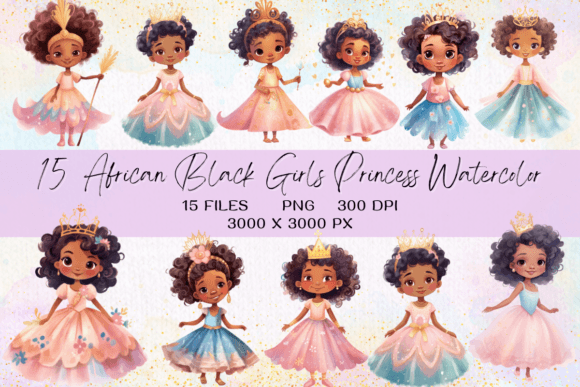 African Black Girls Princess Watercolor Illustrations