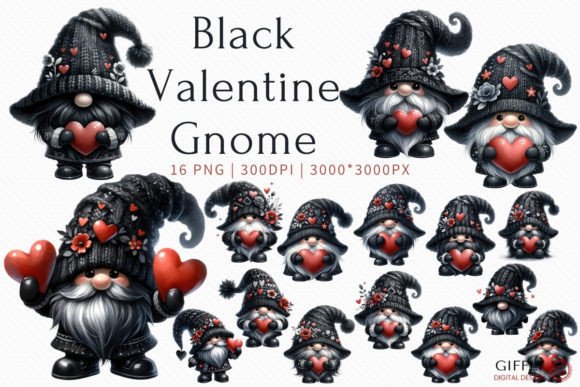 Black Valentine Gnome Watercolor Clipart Illustrations
