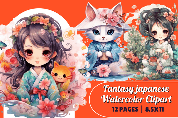 Fantasy Japanese Watercolor Clipart for Embroidery