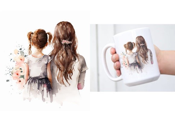 Mom and Daughter Watercolor Painting Illustrations