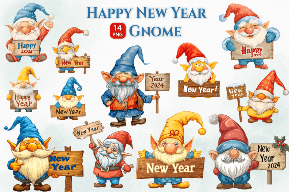 New Year Gnome Watercolor Clipart for Embroidery