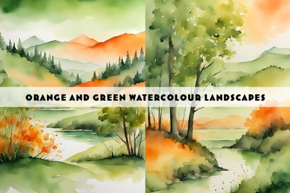 Orange and Green Watercolour Landscapes Illustrations