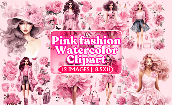 Pink Fashion Watercolor Clipart: Editorial Illustrations