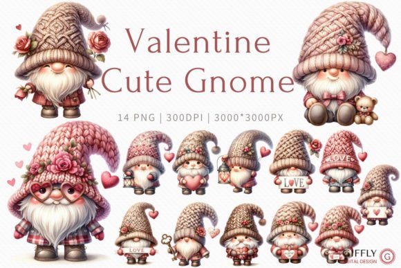 Valentine Cute Gnome Watercolor Clipart Illustrations