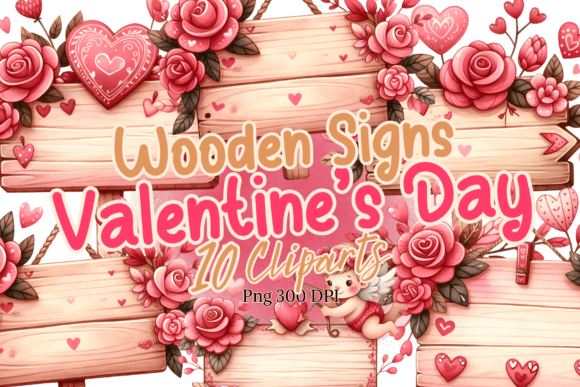 Valentine Wooden Sign Watercolor Clipart Illustrations