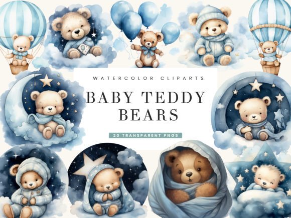 Watercolor Baby Teddy Bears Clipart Illustrations