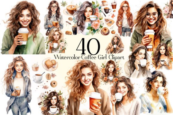 Watercolor Coffee Girl Clipart: Editorial Illustrations