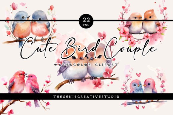 Watercolor Cute Bird Couple PNG Clipart Illustrations