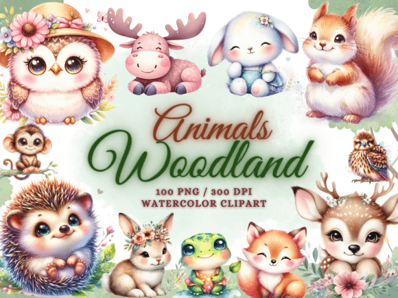 Watercolor Cute Woodland Animals Clipart Illustrations