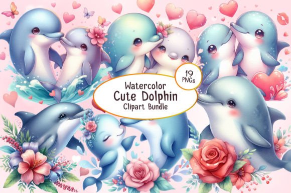 Watercolor Dolphin Clipart Bundle: Editorial Illustrations