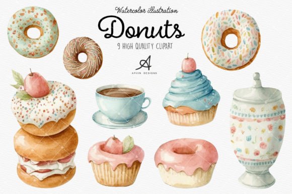 Watercolor Donuts Clipart for Sublimation & Stitch