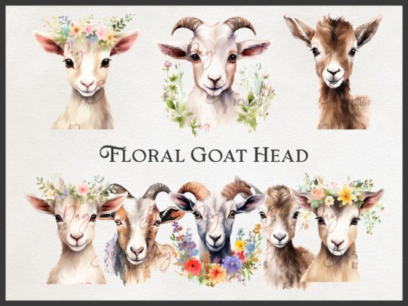 Watercolor Floral Goat Head Clipart Illustrations