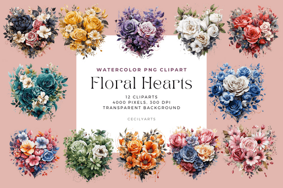 Watercolor Floral Hearts Illustrations for Crafters