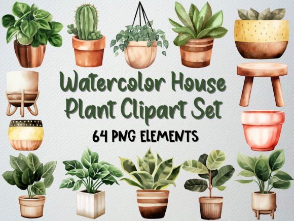 Watercolor House Plants Clipart Set: Editorial Illustrations