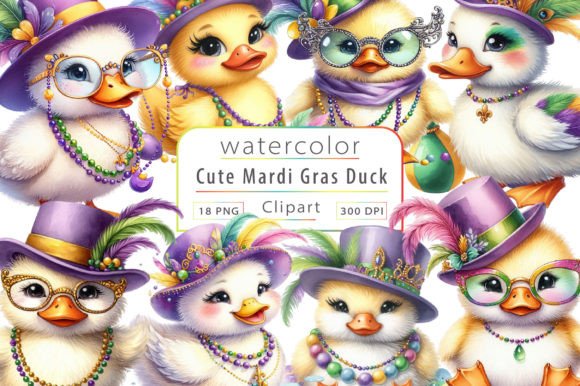 Watercolor Mardi Gras Cute Duck Clipart Illustrations