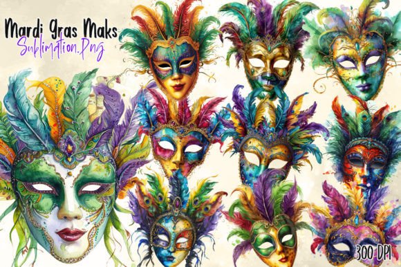 Watercolor Mardi Gras Mask Clipart Illustrations