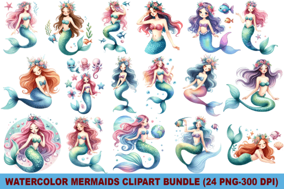 Watercolor Mermaids Clipart Bundle PNG Illustrations Review