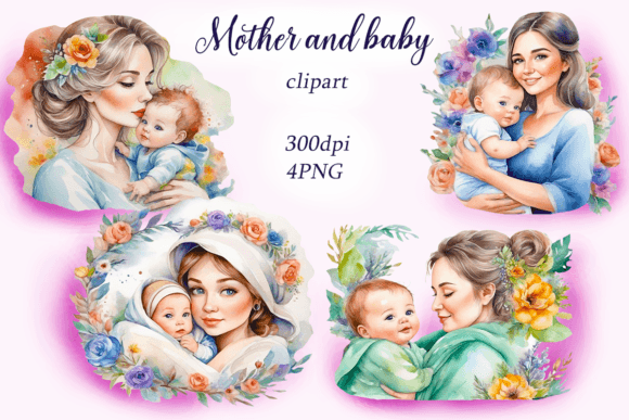 Watercolor Mother and Baby Clipart Illustrations
