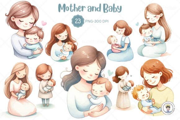 Watercolor Mother's Day and Baby Clipart Illustrations