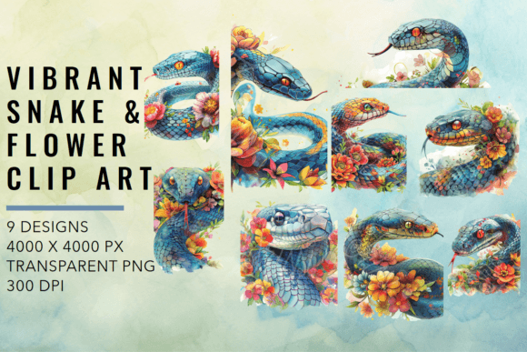 Watercolor Snake Floral Art Clipart Set Illustrations