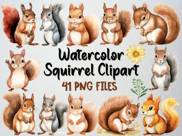 Watercolor Squirrel Clipart Set: 41 PNG Illustrations