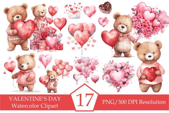 Watercolor Teddy Bear Illustrations for Valentine Sales
