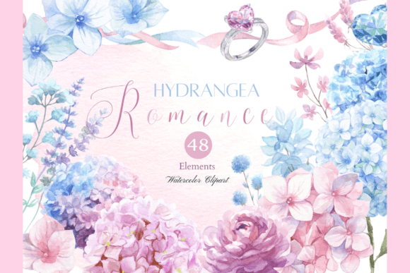 Watercolor Valentine Hydrangea Clipart Illustrations