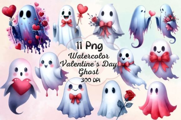 Watercolor Valentine's Day Ghost Clipart Illustrations