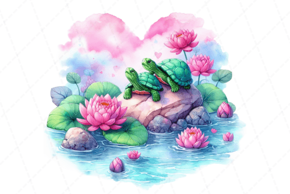 Watercolor Valentine Turtles Illustrations for Crafts