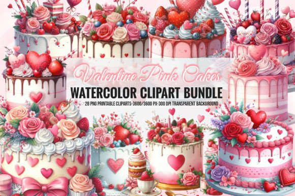 Watercolor Valentines Pink Cakes Clipart Illustrations