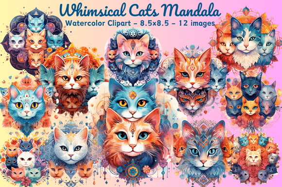 Whimsical Cats Mandala Watercolor Clipart Illustrations