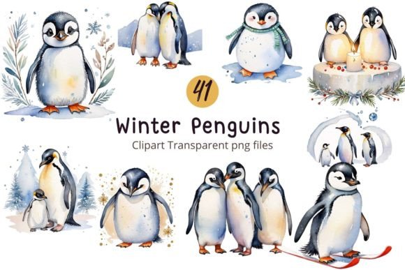 Winter Penguins Watercolor Clipart Set for Illustrations